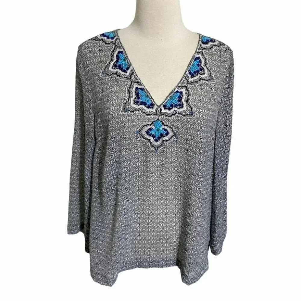 Charter Club‎ Tunic Blouse 12 Gray Geometric Beaded V-Neck Boho Long Sleeve